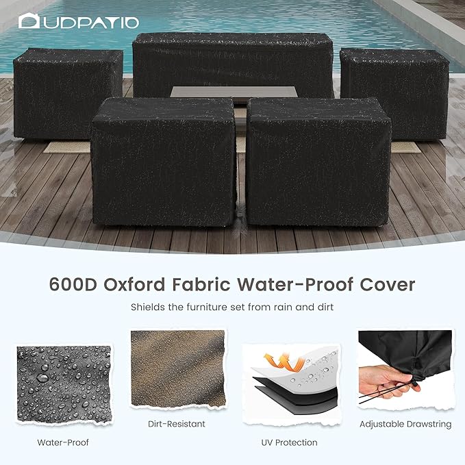 UDPATIO 6 Piece Aluminum Patio Furniture Set 7 Seats Modern Outdoor Furniture Faux Wood Grain Patio Conversation Sets with Olefin Fabric Thick Cushions, 600D Waterproof Cover Included, Dark Grey