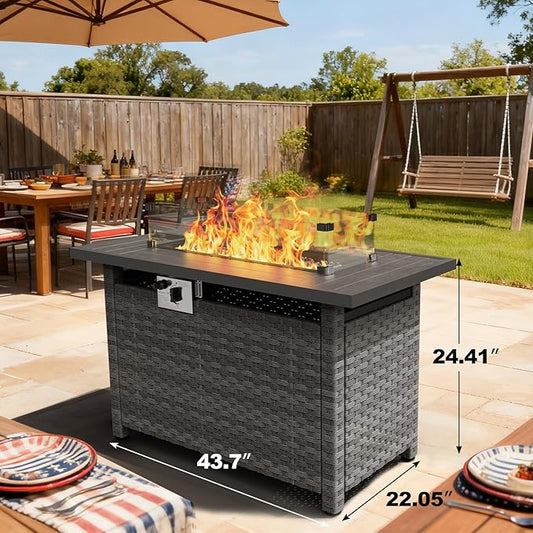 Propane Fire Pit Table Outdoor, 44" 60000BTU Auto-Ignition Fire Pits Table with Wind Guard Square Large Wicker Propane Firepits for Porch Garden(Grey,CSA Certified)