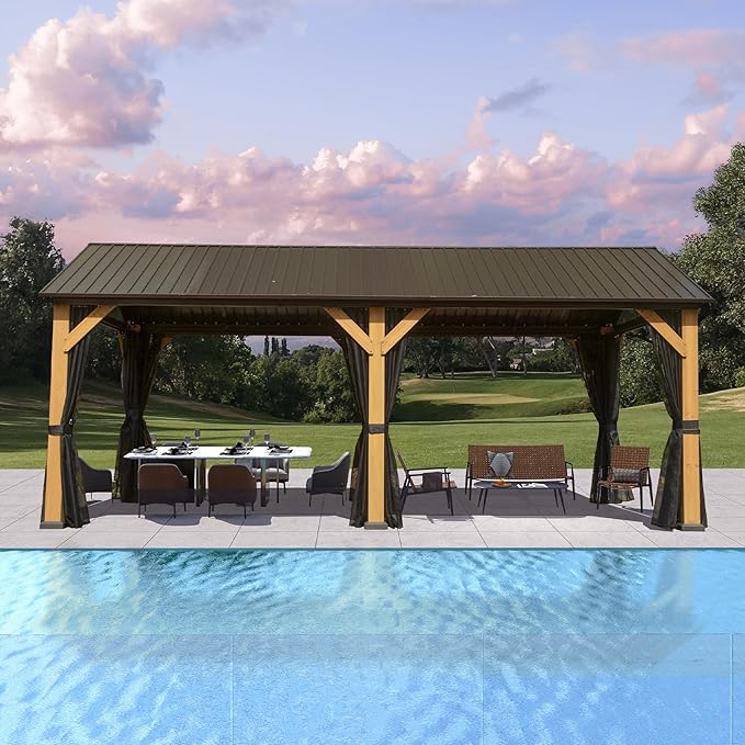 Domi Cedar Wood Gazebo 12’x20’ Hardtop Gazebo with Galvanized Steel Gable Roof, Outdoor Gazebos for Patio, Permanent Pergola for Deck, Backyard