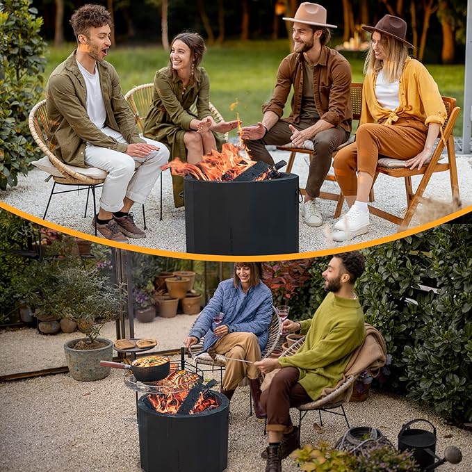 CHANGE MOORE Smokeless Fire Pit for BBQ, 19.6” Triple Burn Outdoor Firepit with Removable Ash Pan BBQ Grill Cover Fire Poker Set Side Handles, Fireplace Bonfire for Outside Backyard Garden Patio