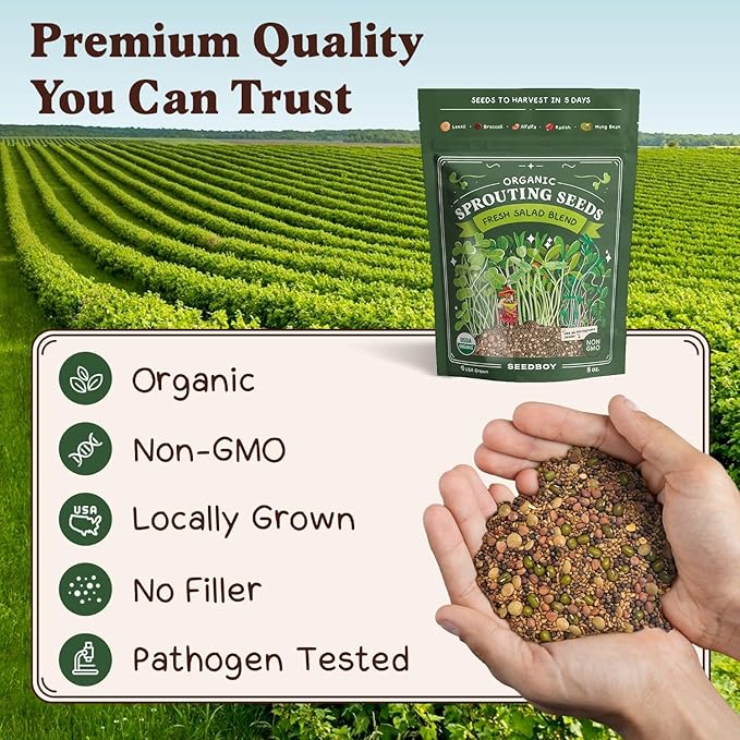 Seedboy Organic Non-GMO Sprouting Seeds, Fresh Salad Blend – USA Grown Microgreens Mix with Alfalfa, Broccoli, Radish, Mung Bean & Lentil – 8 oz Bag Makes 8 Quarts / 24 Servings (Salad Blend)