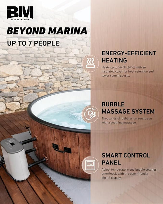 Beyond Marina Inflatable Hot Tub, 7 Person Outdoor Portable Spa, Drop Stitch Wood Grain Hot Tub with Bubble Massage System for Home and Personal Relaxation, Fast Heating, Foam Mats
