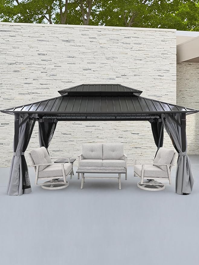 SEEHILL 10' x 12' Hardtop Gazebo, Aluminum Frame Outdoor Patio Gazebo with Netting and Curtains, Outdoor Hardtop Gazebos, Patio Pergolas with Double Metal Roofs for Backyard, Patio, Deck, Slate Gray