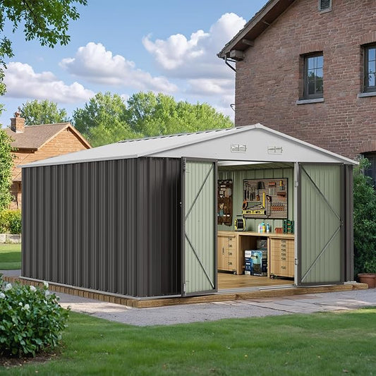 JUMMICO 10 x 10 FT Outdoor Storage Shed, Large Metal Garden Shed & Tool Sheds for Backyard Garden Patio Lawn (Grey)