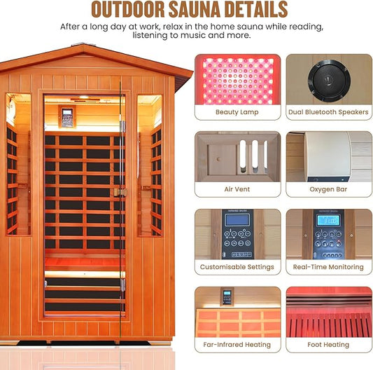 Outdoor Sauna 2 Person Sauna Infrared Saunas Dry Sauna Room Red Cedar and Canadian Fir Wood Wooden 120V Sauna Spa 2080W Red Light Lamp 48.8 * 38.19 * 81.89inch