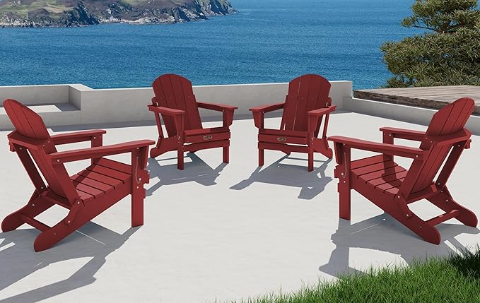 SERWALL Foldable Adirondack Chair Set of 4 for Patio Garden Outdoors Fire Pit Chairs- Red