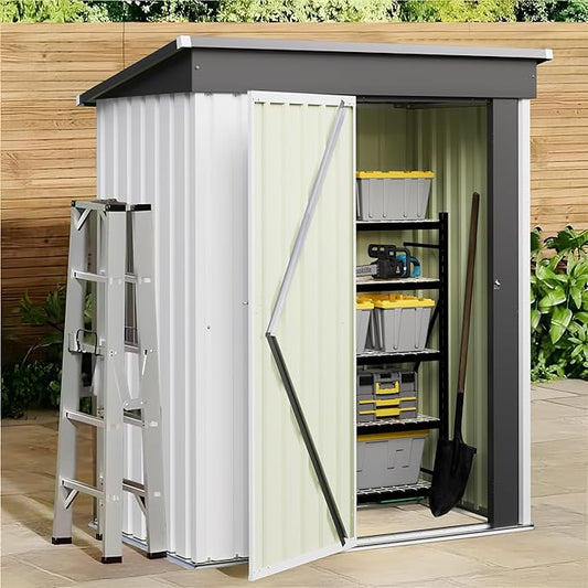 JUMMICO Metal Outdoor Storage Shed 5 x 3 FT Metal Shed with Lockable Door,Waterproof Garden Tool Shed Storage House for Backyard Patio Lawn,White
