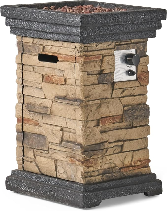 Outdoor Propane Fire Pit Table, 19.5 Inch Column MGO Concrete Gas Fire Pit with Lava Rocks, Smokless Firepits for Outside Patio, Garden, Backyard, 40,000 BTU, Tank Inside, Stone Gray