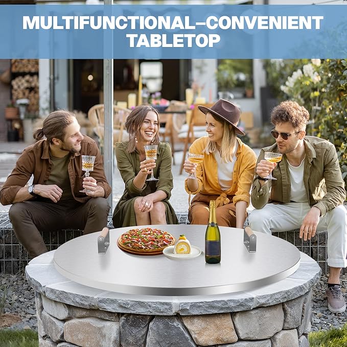 Fire Pit Lid Round - 34" Stainless Steel Rust Resistant Firepit Cover or Table with 2 Wooden Handle for Patio Fire Pit, Weatherproof for All Seasons, Fits Fire Pits Up to 32"