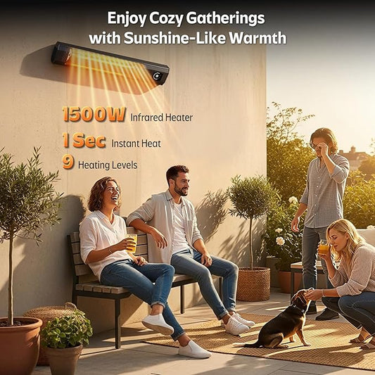 Wall-Mounted Electric Patio Heater, 34" 1500W Infrared Heater With Motion Sensor, IPX5 Waterproof, 9 Heat Level & 9H Timer, Indoor & Outdoor Heaters for Patio, Backyard, Garage, and Decks