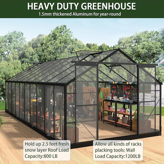 Greenhouses for Outdoors, 8x20 FT Polycarbonate Greenhouses with 4 Adjustable Roof Vents, Walk-in Aluminum Frame Green Houses for Outside with Sliding Doors, Windproof, Outdoor Graden (8x20FT)