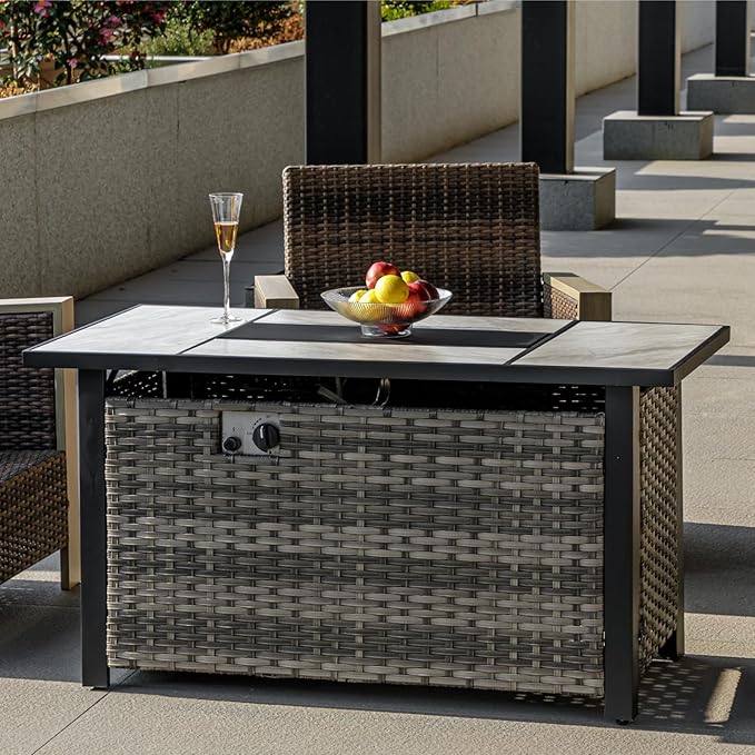 47" Propane Fire Pit Table with Real Ceramic Tabletop & Ratten Side Panel, 50000 BTU Gas Firepit Table with Lid & Lava Stones, Outdoor Fire Pit for Dining or Party, Firepit for Outside, Patio