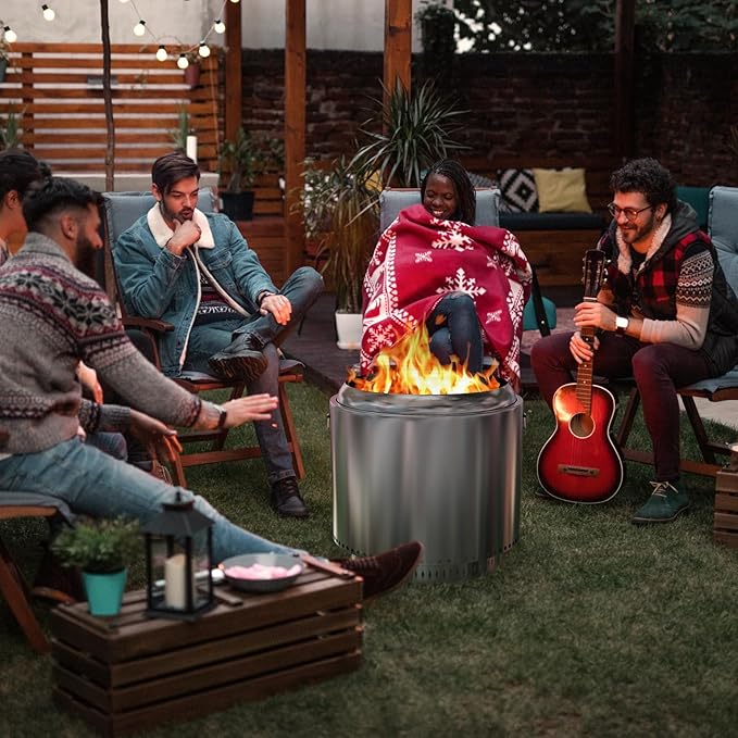 27" Smokeless Fire Pit,Portable Stainless Steel Firepit for Camping, Backyard, Beach,360° Airflow Wood Burning Outdoor Fireplace with Stand & Removable Ash Pan