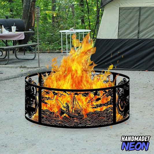 Personalized Fire Pit Ring 360 Degree, Outdoor Fireplace, Custom Text Fire Pits for Outside, Patio Firepit, Camping Bonfire Firepits, Garden BBQ Backyard Decor (Fishing Boat)