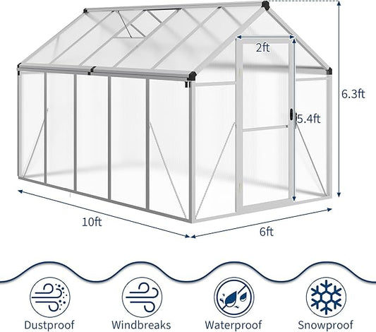 6 x 10 ft Greenhouse, Greenhouses for Outside, Polycarbonate Greenhouse with Aluminum Frame, Lockable Door and Ajustable Roof Vent for Backyard, Green Houses for Outside Garden Backyard, Patio