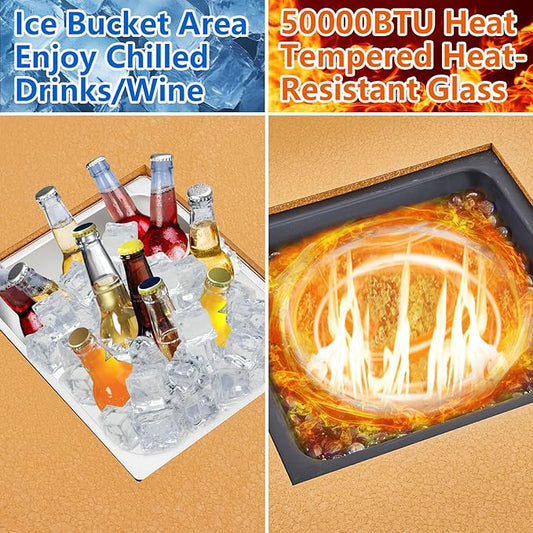 GarveeLife 56" Propane Fire Pit Table with Ice Bucket,50000BTU Fire Table with 13" Square Drink Ice Bucket Wind Guard, Fire Glass Beads & CSA Safety Certified Outdoor Firepit for Patio Garden(Orange)