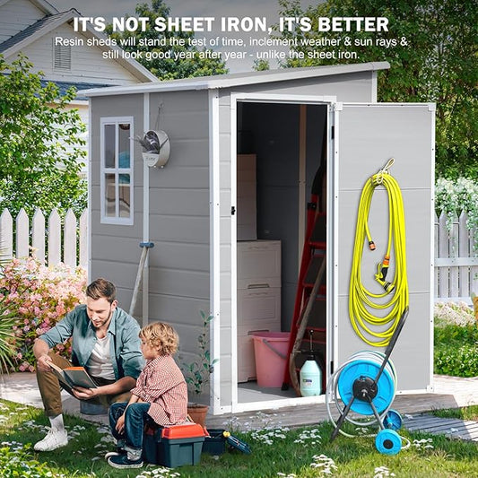 CDCASA 5x4 FT Resin Storage Shed, Waterproof Outdoor Sheds with Floor & Window & Lockable Door Included, Outside Plastic Tool Sheds for Garden, Patio, Backyard, Lawn, Light Gray