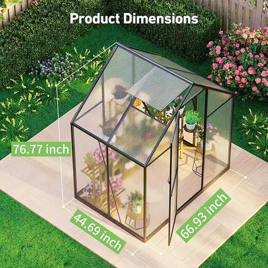 6x4FT Outdoor Greenhouse, Polycarbonate Green House, Small Walk-in Greenhouse with Vented Roof Window, Windproof Aluminum Frame with Hygrometer , Suitable for Gardening