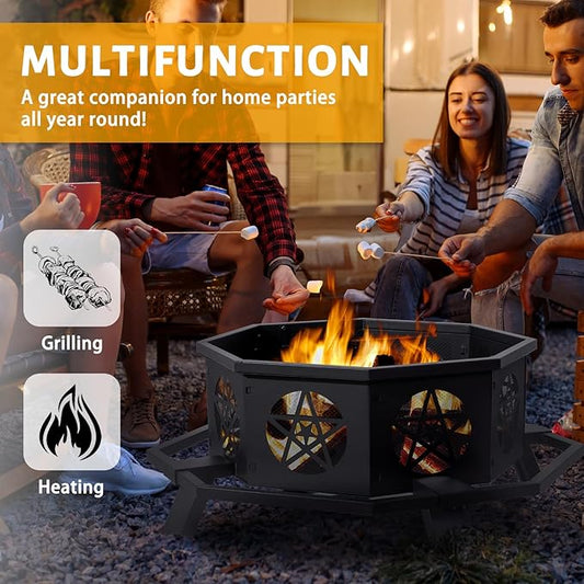 43 Inch Outdoor Fire Pit, Heavy Duty Wood Burning Firepits for Outside, Octagonal Metal Bonfire Fire Pits with Fire Poker for Camping, Backyard, Patio, Garden, Beach, Poolside, Picnic