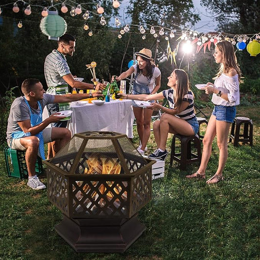 Outdoor Hex-Shaped Fire Pit, Portable Wood Burning Firepit for Outside, 22 Inch Metal Bonfire Fire Pits with Mesh Lid and Poker for Backyard Heating, Garden, Patio, Beach, Poolside, Picnic, Camping
