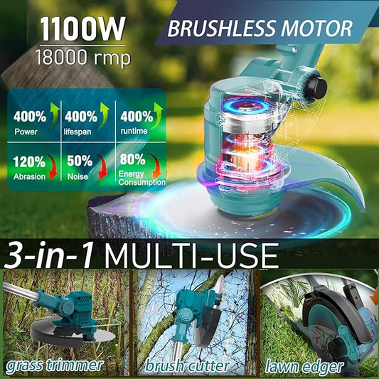 Powzen 36V Electric Weed Wacker Cordless String Trimmer Battery Powered/w 2X 6.0Ah Battery and 2.0Amp Charger, Height Adjustable Wheeled,3-in-1 Grass Trimmer/Brush Cutter/Hedge Trimmer/Weed Eater
