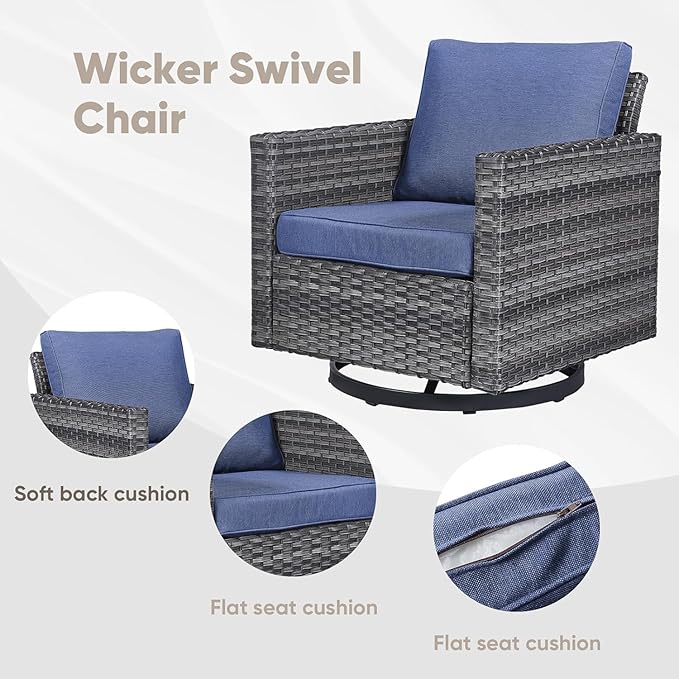 Wicker Patio Furniture Set:7 Piece Outdoor Patio Furniture Set with 2 Swivel Patio Chairs 2 Single Chairs a Coffee Table and 2 Ottomans, Grey Wicker/Blue Cushion
