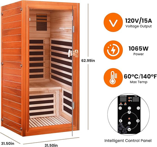 Infrared Sauna Home Traditional Sauna for Home Low EMF 1100W for 1 Person Relaxing Backboard with Control Panel, Bluetooth Speaker, Reading Lamp,Top Starry Sky (Ameican White Oak, 31.5”×31.5×63“)
