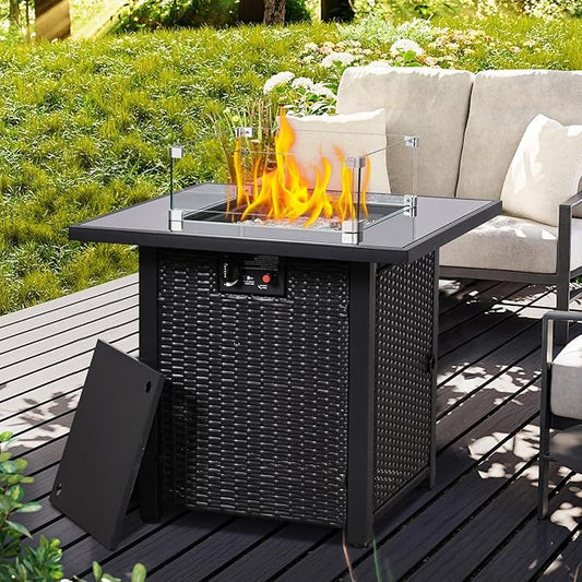 28'' Gas Fire Pit Table, Outdoor Square Fire Pit Table with Cover, Glass Wind Guard & Glass Rock, 60000 BTU Stainless Steel H-Burner Fire Pit Tables for Outside Patio Backyard Garden (Square)
