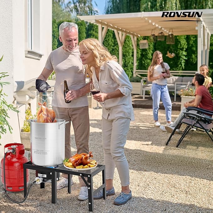 ROVSUN 30QT Turkey Fryer & 100,000BTU Propane Gas Stove with Foldable Shelf, Aluminum Outdoor Deep Fryer & Seafood Boiler Steamer with Basket, Turkey Rack & Lifter for Backyard Cooking Boiling Frying