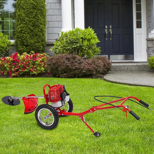 49CC 2 Stroke Walk-Behind Lawn Mower Brush Mower with Wheels 1.8Kw Gasoline Hand Push Grass Trimmer for Orchards Vegetable Fields Gardens Lawns, 3 Functions