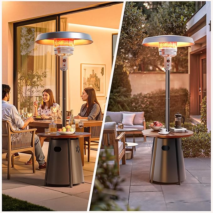 Pamapic Patio heater, 50,000 BTU Propane Outdoor Heater with Round Table, Premium 304 Stainless Steel Burner, Triple Protection System,2 in 1 Patio Heater for Outdoor Use, Residential & Commercial Use