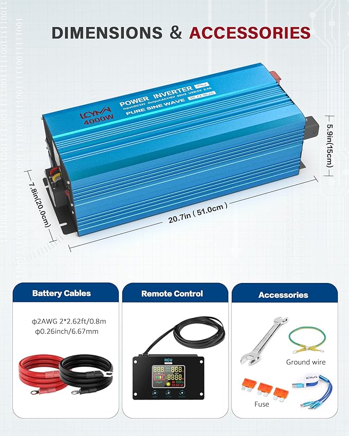 4000 Watt Pure Sine Wave Power Inverter DC 12V to 110/120V AC with 2 AC Charger Outlets and Wiring Terminal 8000W Peak Car Solar Converter for Vehicle Home with LCD Display and QC3.0 USB Charging Port