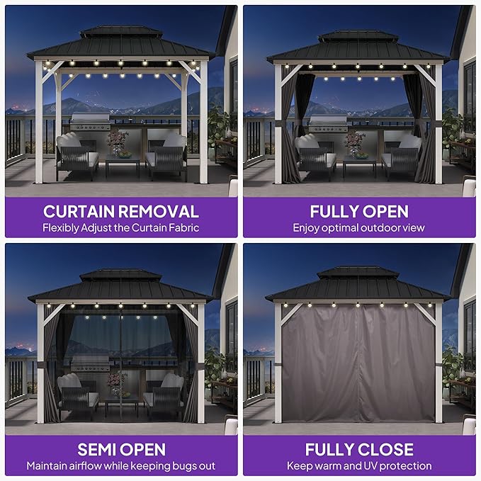 PURPLE LEAF 8' X 10' Outdoor Gazebo Galvanized Steel Double Roof White Aluminum Frame Hardtop Heavy Duty Gazebo with Curtain and Netting for Patio Garden and Backyard, Grey