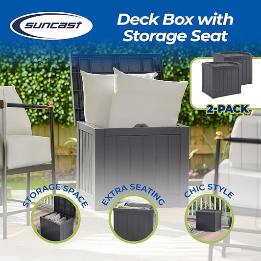Suncast 2 Pack 22 Gallon Indoor or Outdoor Backyard Patio Small Storage Deck Box with Attractive Bench Seat and Reinforced Lid, Stone Gray