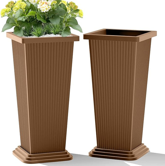 Set of 2 Tall Planters, 24" Large Indoor Outdoor Flower Pots with Tray, Modern Tapered Planters for Porch, Patio, Garden, Backyard