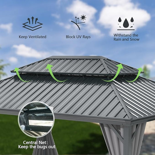 Domi 10x13FT Outdoor Gazebo, Hardtop Gazebo with Galvanized Steel Double Roof, Metal Gazebos with Drainage System Patio Pergola for Patio Deck Backyard,Curtain and Netting,Gray