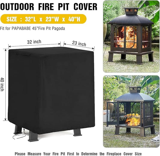 POMER Fire Pit Cover for Panovue Chiminea Fire Pit 45",Waterproof and Uv-resistant Patio Outdoor Fireplace with Drawstring Cord All Season Protection - 32"Lx23"Wx40"H