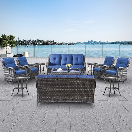 Belord Wicker Patio Furniture Sets - 13 Piece Outdoor Rattan Furniture Conversation Sets with 4 Swivel Rocker Chairs, 2 Rattan Sofas, Wicker Ottomans and Coffee Table, Mixed Grey/Blue