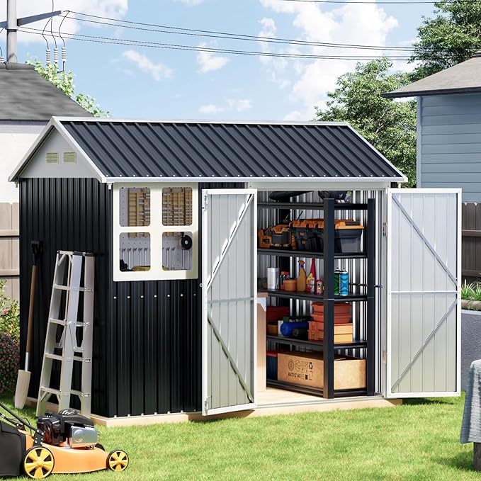 8x6 FT Outdoor Metal Storage Shed with Clear Window, Lockable Single Door, Weather-Resistant Garden Tool Shed for Backyard, Patio, and Lawn Equipment, Night Blue