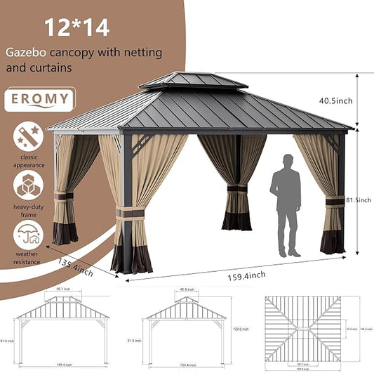 12’x14’ Hardtop Gazebo Outdoor Aluminum Frame Permanent Gazebo Galvanized Steel Double Roof Pergola with Nettings and Curtains for Patio, Lawns,Backyard,Deck(Brown)