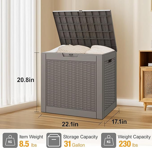 30 Gallon Outdoor Storage Deck Box Waterproof,Garden Tool,Backyard Cushion,Poolside Storage,Small Delivery Boxes for Outside,Lockable Lid,Rattan Grey