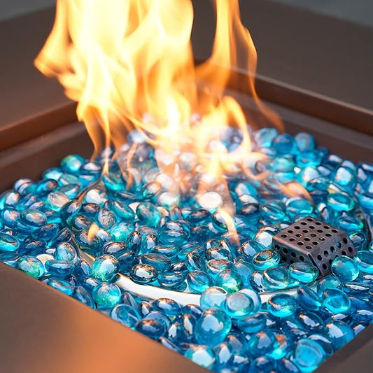 onlyfire 10 Pounds Fire Glass Beads for Propane Fire Pit, 1/2 Inch Reflective Firepit Glass Rocks Flat Marbles for Gas Fireplace and Fire Pit Table, High Luster Caribbean Blue