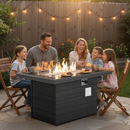 NICESOUL Wicker Propane Fire Pit Table, 60000 BTU Large Natural Gas Firepit Tables, 43'' Rectangle CSA Fireplaces for Deck Backyard, Fire Table with Windguard&Glass Rocks&Cover, Gray