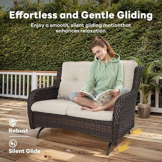Belord 4 Piece Patio Furniture Set - Outdoor Glider Bench with Swivel Rocker Chairs and Coffee Table, High Back Small Outdoor Conversation Furniture Sets for Deck Sunroom Balcony Backyard