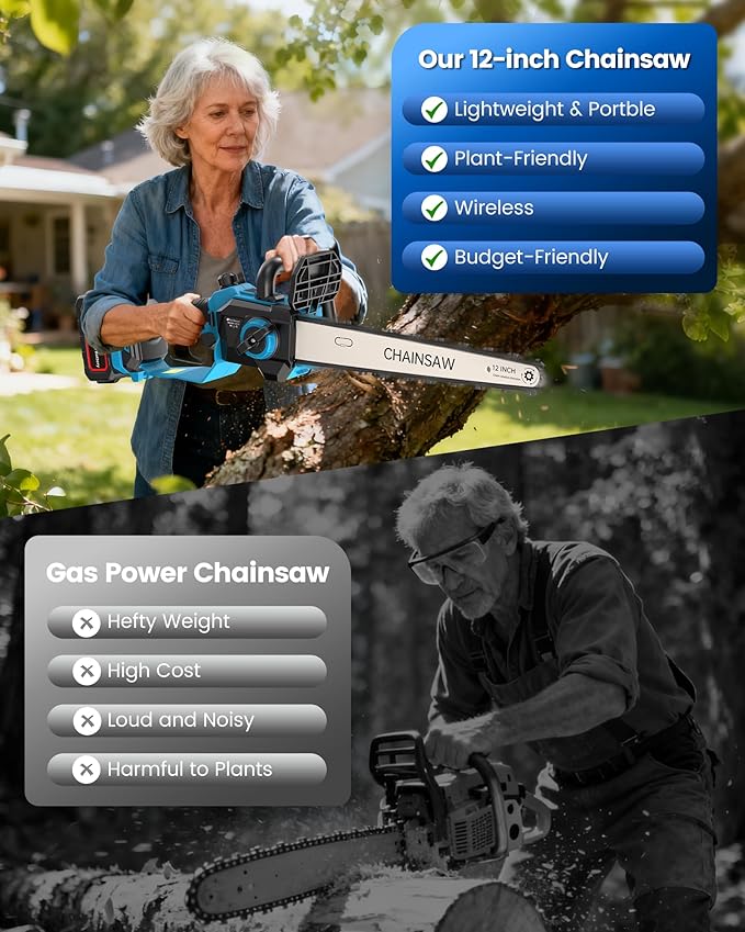DocSmart Chainsaw Cordless 12 Inch, Electric Chain Saw with 2*4000mAh Rechargeable Batteries, Powerful Handheld Saw for Tree Trimming Wood Cutting, Perfect Gardening Tools for Thick Branches and Logs