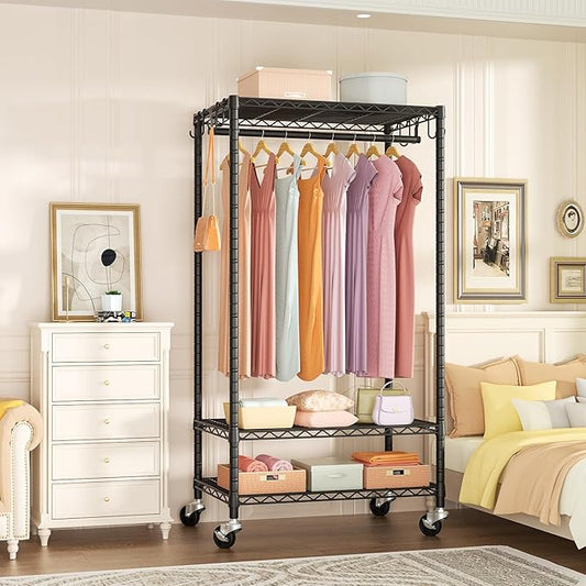 FUTASSI P6 Rolling Clothes Rack Heavy Duty, Clothing Racks for Hanging Clothes, Freestanding Garment Rack with Wheels, Portable Closet Rack Max Load 380 LBS, 35.5'' W x 14'' D x 74.6'' H, Black