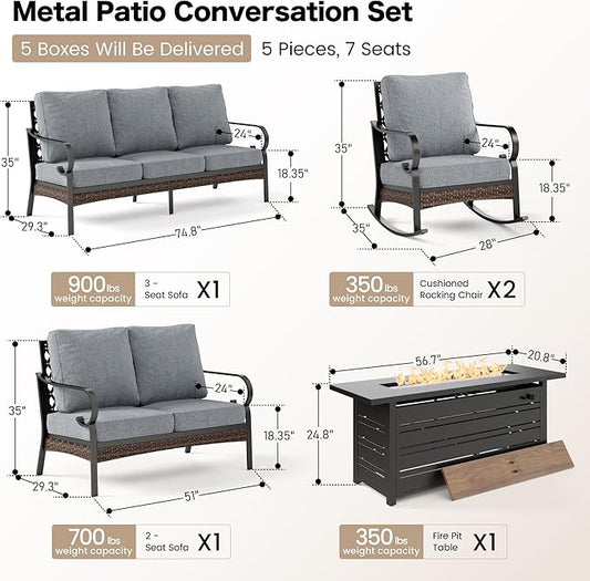 5 Piece Black Metal Outdoor Patio Furniture Sets with Firepit Table, Patio Conversation Sets 1 3-Seater Sofa, 2-Seater Sofa, 2 Rocking Sofa with 5.75" Cushion for Backyard Deck, Gray