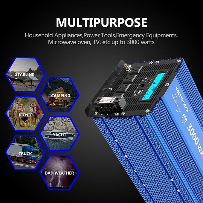 VOLTWORKS 3000W Pure Sine Wave Power Inverter 3000 Watt 12V DC to 110V 120V AC ETL Listed UL458 Compatible with Starlink & Lithium Battery for Off-Grid Solar Car RV Truck Boat with 30FT Wired Remote