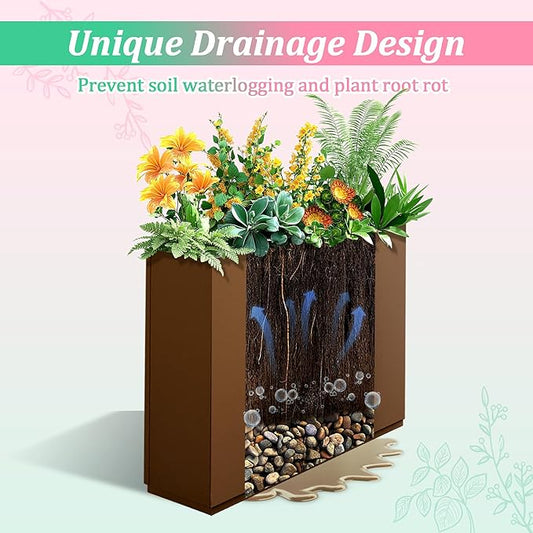 Metal Planter Box Rectangular Planter Box with Drainage Hole, Outdoor Large Planters, All-Weather Use, Rust-Resistance, for Flowers Plants, 35.4" L × 9.1" W × 25.6" H, Brown