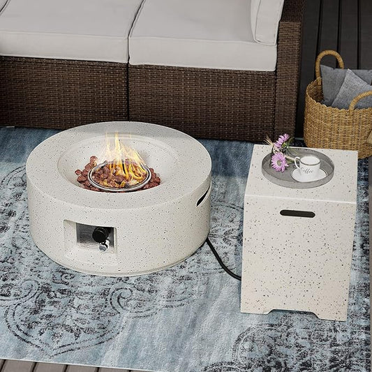 SUNBURY Outdoor 28 Inch Propane Fire Pit Table, Round Fire Table w Tank Table, 40,000 BTU Spotted White Patio Gas Fire Table Waterproof Cover, Lava Rocks